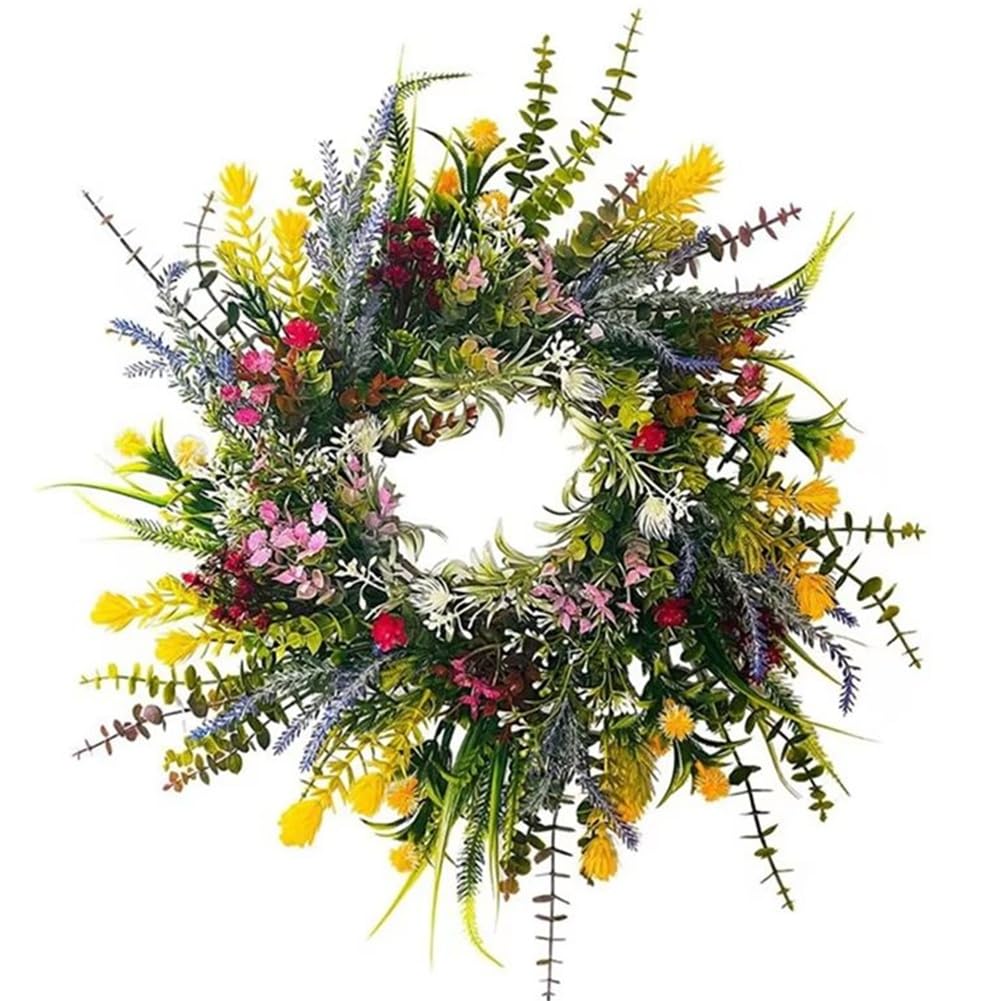 Hndhbfgrt Round Wreaths Spring for Front Door 13.8in Outdoor Summer Flowers Weatherproof Greenery All Seasons Welcome