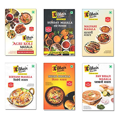 6 Types of Authentic Spices in 1 Combo Pack (agri koli Masala,malvani Masala,Sunday Masala,biryani Masala,pav bhaji Masala,misal Masala ) 50 Grams x 6 Packets