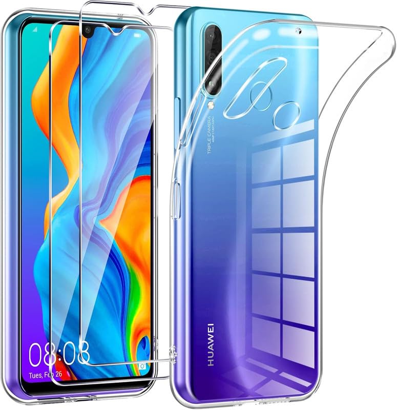 X-Dision Funda Compatible con Huawei P30 Lite con 2 Piezas de Vidrio Templado, TPU Transparente a Prueba de Golpes, [9H Dureza, Protección con Amortiguación de Aire] para Huawei P30 Lite