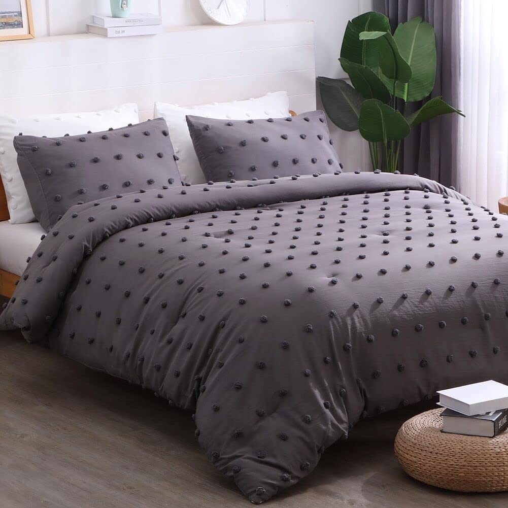 Tufted Grey Queen Comforter Set (90x90 inches), 3 Pieces- Soft Cotton Jacquard Lightweight Comforter with 2 Pillowcases, Chenille Dots All Season Down Alternative Comforter Set for Bedding