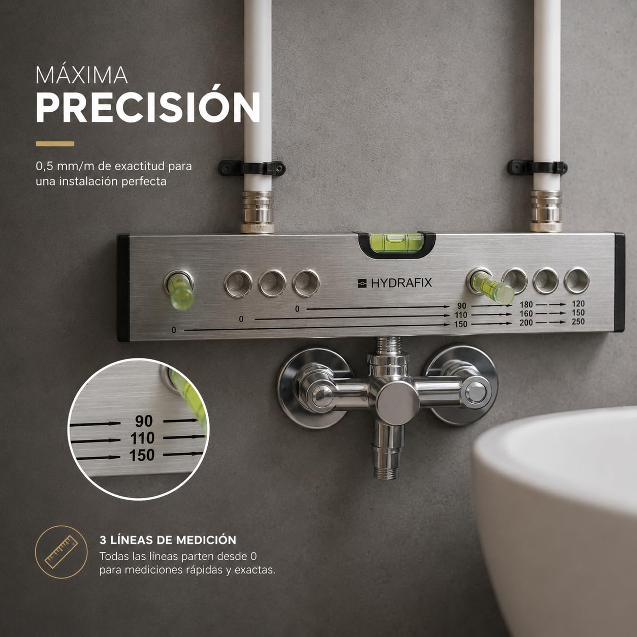 Nivel Fontanero Hydrafix Hydralevel 30 cm para Tomas de Agua | Aluminio resistente y ligero, 3 líneas de medición desde 0, precisión profesional 0,5 mm/m y ampollas de alta visibilidad.