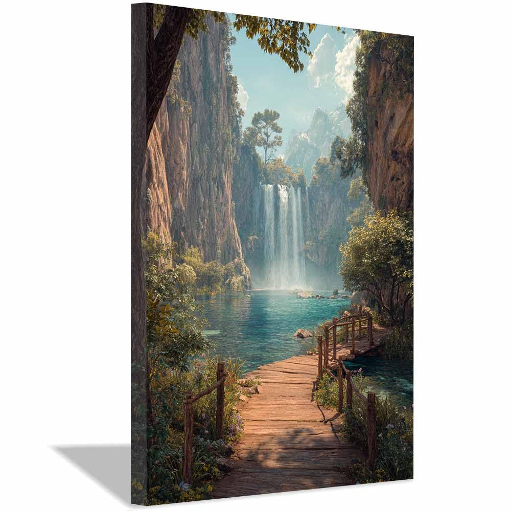 HOQIU Vintage wall art Waterfall Lake Boardwalk decorative painting, wall art, for Living Room Bathroom Bedroom Kitchen Decoration.(Multicolor)-40x60cm Framed