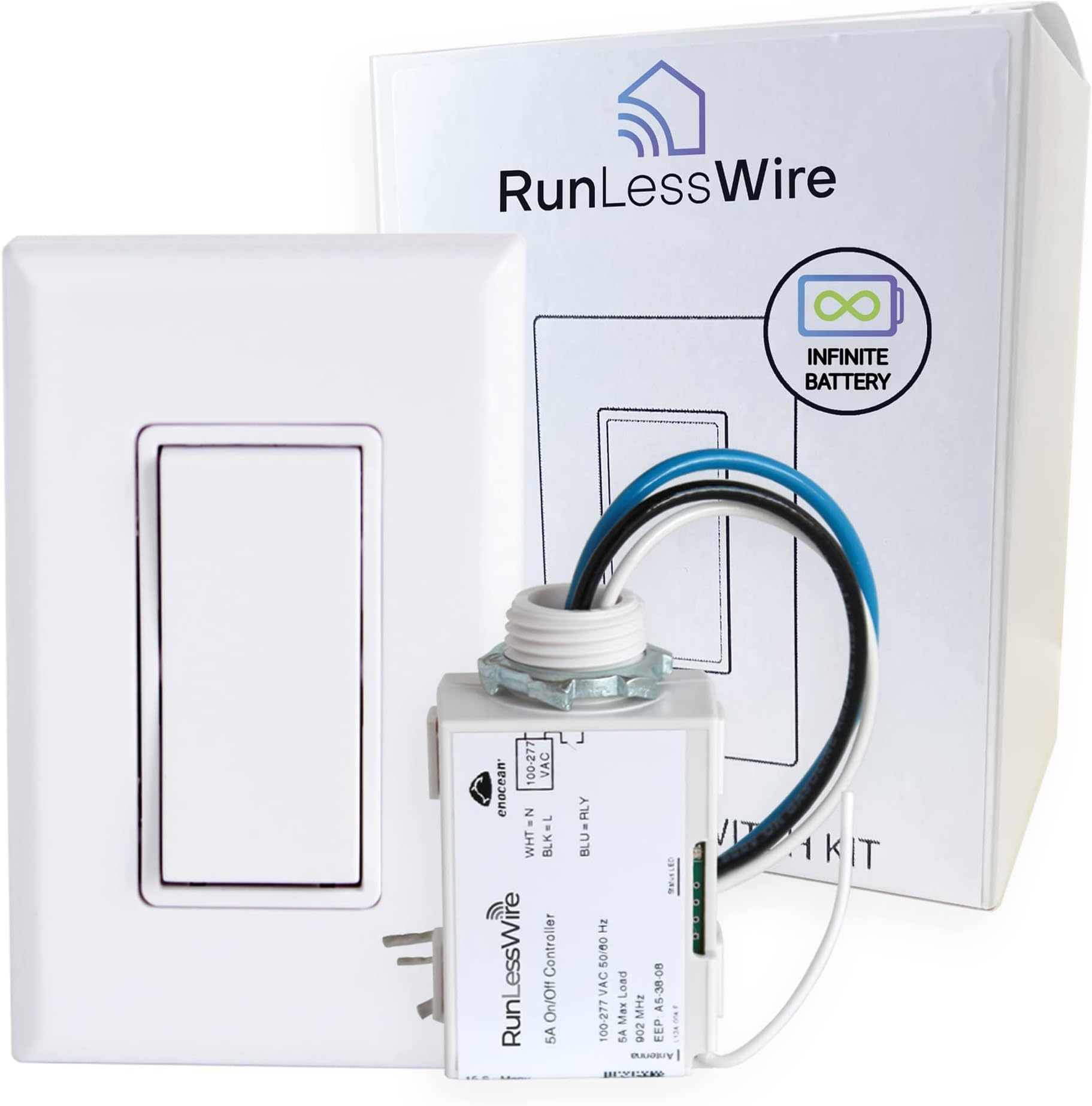 RunLessWire Basic Wireless Light Switch & Receiver Kit with Infinite Battery No WiFi or Batteries Needed 150+ft RF Range DIY Pre-Programmed Remote Control - 1 Receiver, 1 Switch - White