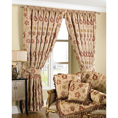 Paoletti Zurich Pencil Pleat Curtains (Pair), Champagne Cream, Floral Jacquard Design, Matching Tiebacks, Room Darkening, 100% Polyester, 168cm width x 183cm drop (66" x 72" inches)