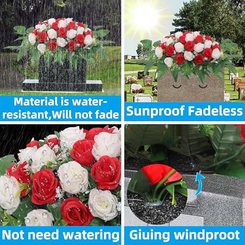Cemetery Headstone Flower Saddle,Artificial Cemetery Flower Saddles for Graves,Artificial Rose Cemetery Memorial Flowers for Outdoor Tombstone Headstone Decorations (Red) image 1