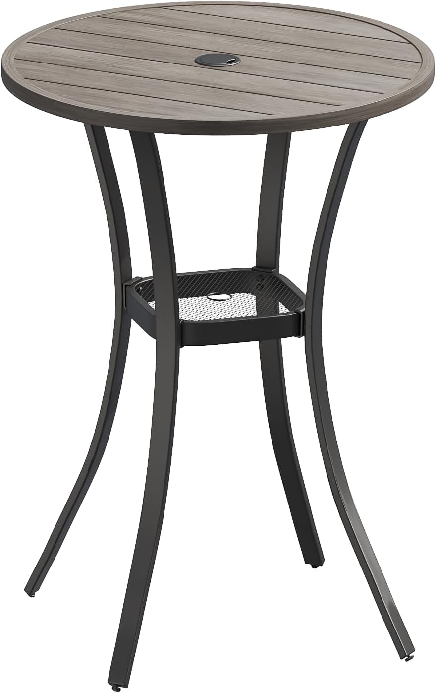 VICLLAX 28-inch round outdoor bar table with umbrella hole and lower shelf in grey wood-like finish