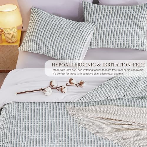 Image of Oli Anderson 100% Cotton Waffle Comforter Set King Size, 3 Pieces Lightweight Breathable All Season Bed Comforter, Soft Skin-Friendly Blanket for Bedroom Guest Room, Machine Washable, Green