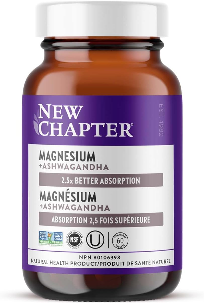 New Chapter Magnesium + Ashwagandha - Supports Muscle & Bone Health - Highly Absorbable - Non-GMO, Kosher, Vegan & Gluten Free - 60 Tablets