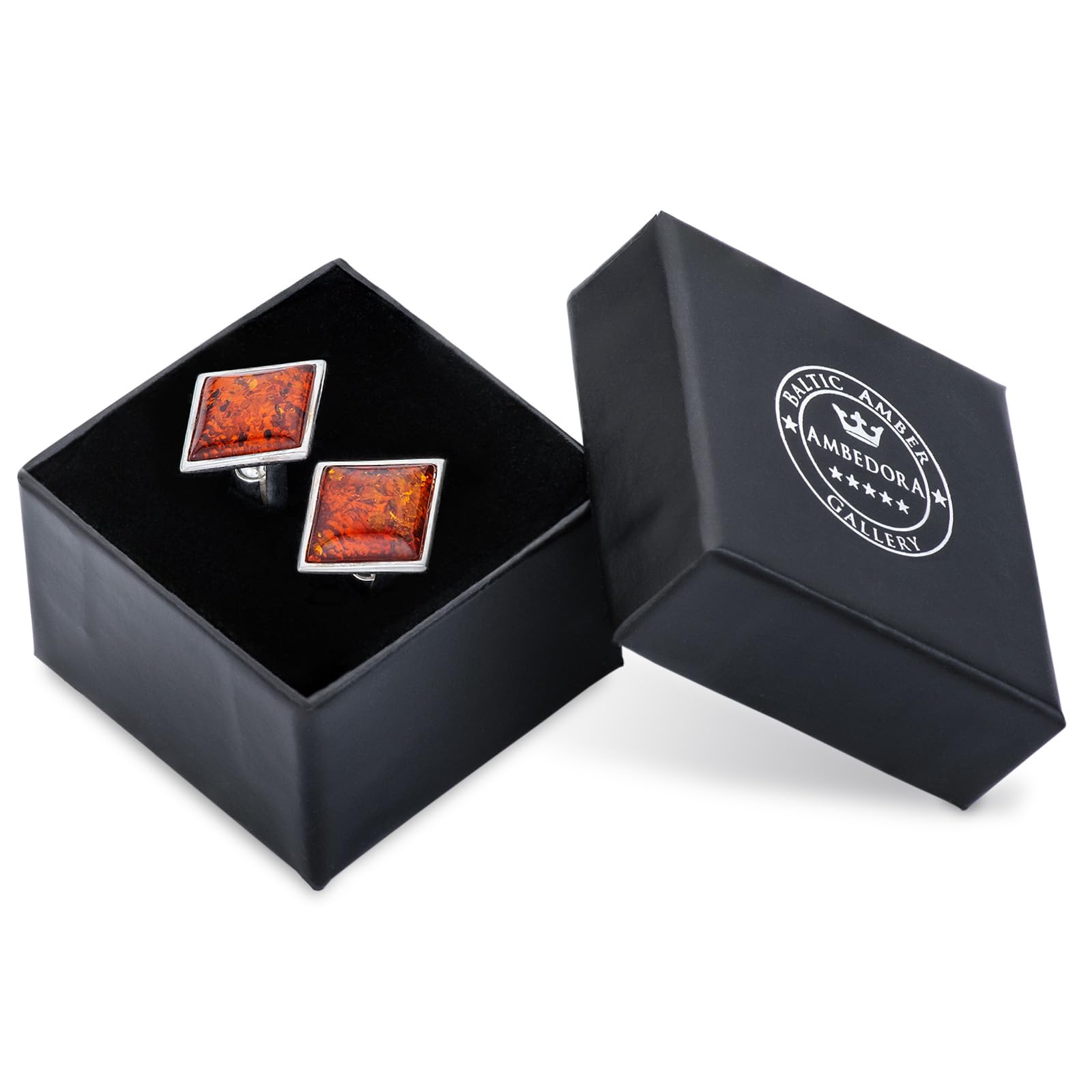 Herren Manschettenknöpfe Karo aus Silber mit Bernstein, moderne Form, poliertes Sterling Silber, Natur Bernstein in Cognac Farbe, Geschenkidee