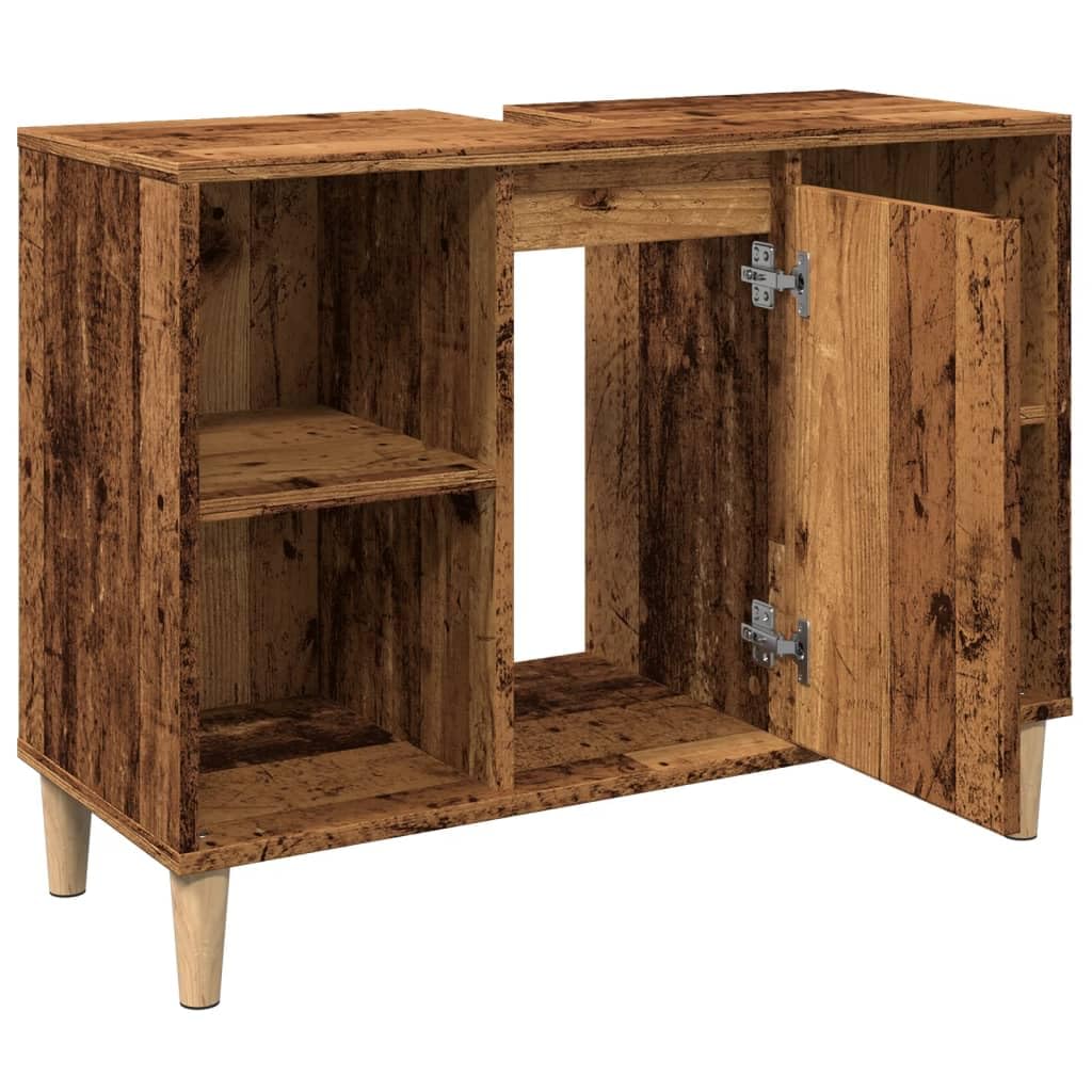 Szafka łazienkowa o wyglądzie starego drewna, materiał drewnopochodny, 80 x 33 x 60 cm, szafka łazienkowa z drzwiami i otwartymi półkami, szafka pod umywalkę z półką, regał dla gości WC i