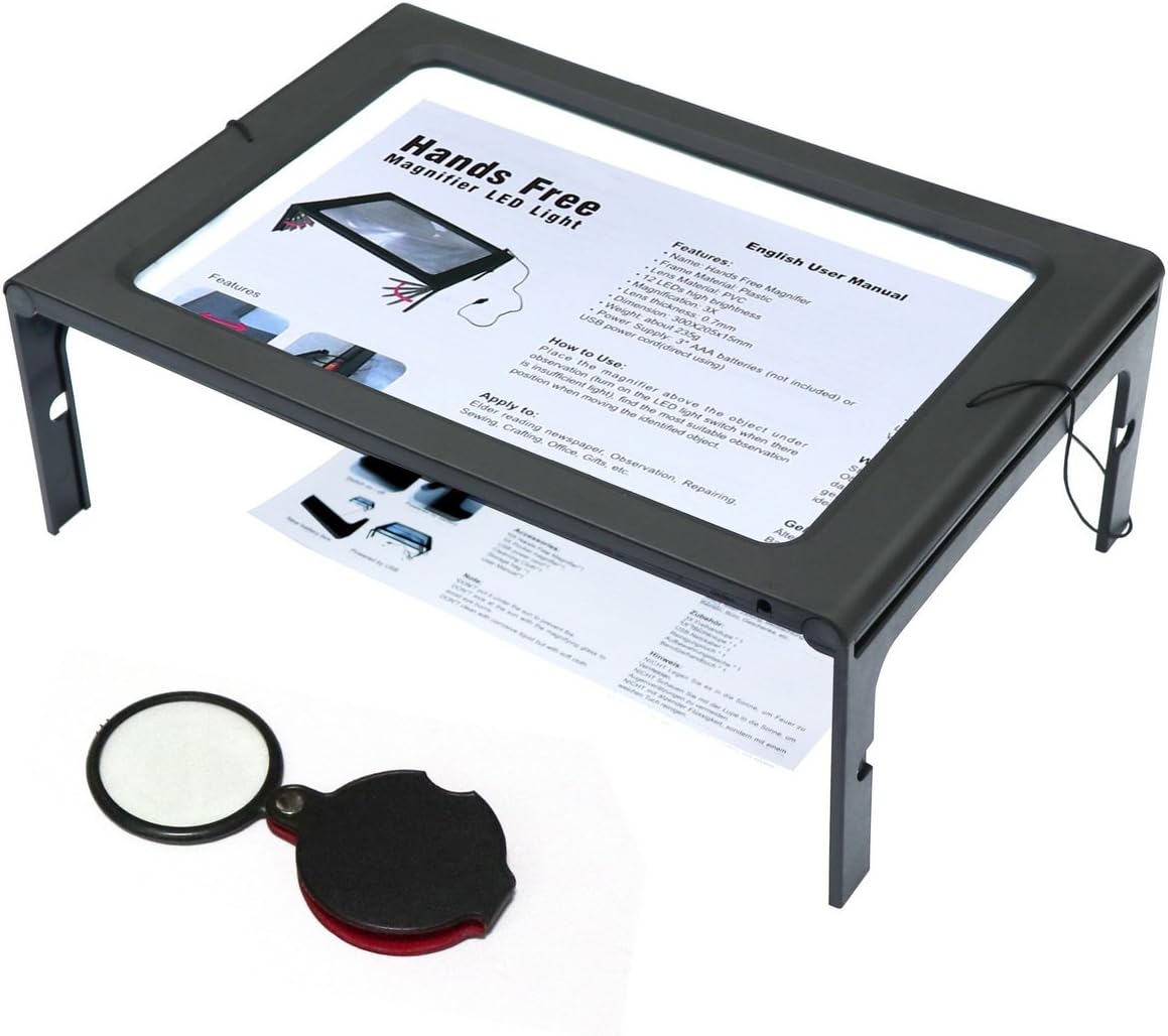 Full Page Magnifying Glass 3X - MAIKEHIGH 12 LED Lights Reading Magnifier Hands Free Foldable Rectangular Neck Cord Desktop with 5X Pocket Magnifier Glass Portable for Elderly and Low Vision People