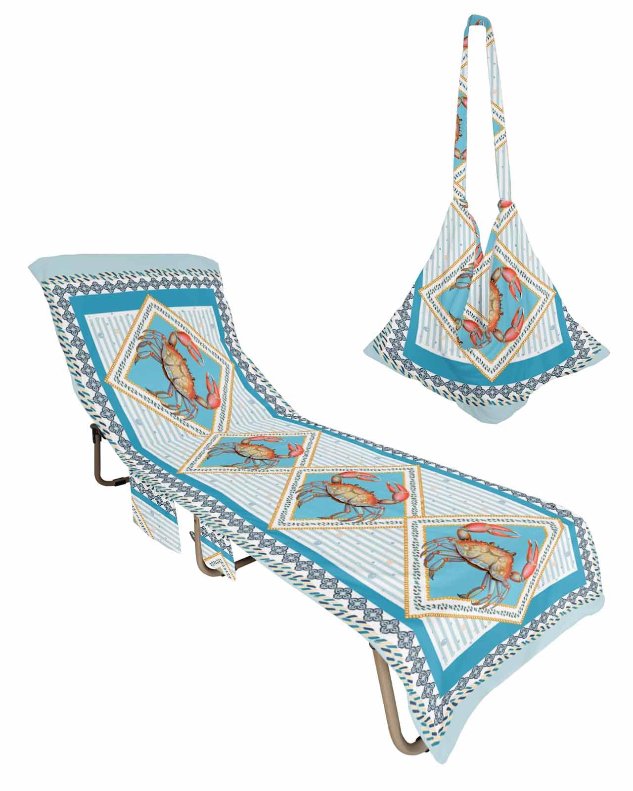 Blue Crab Nautical Beach Lounge Chair Towel Cover, Soft Chaise Lounge Towel with Side Pockets Patio Pool Chairs Cover for Beach/Pool Sunbathing 29x85 Ocean Coastal Geometric