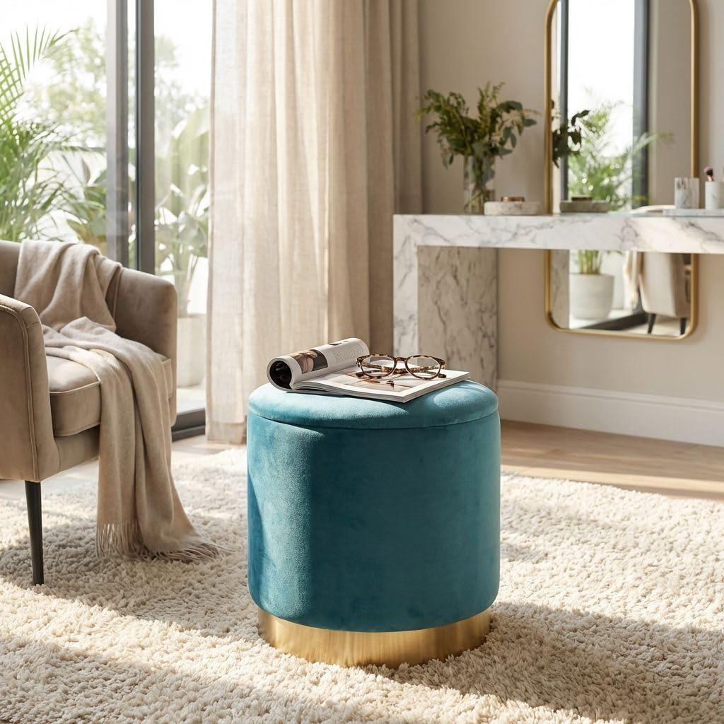 milani home - pouf contenitore rotondo, velluto, seduta contenitore poggiapiedi, verde, 37 x 37 x 40 cm