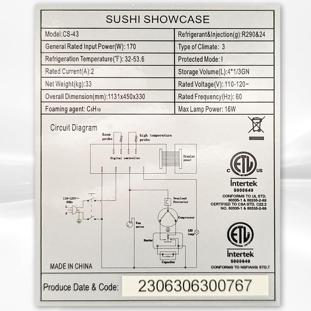 Refrigerated Sushi Display Cooler Case Countertop 4 Pan Commercial Refrigerator ; LED Lighting; 44" Wide NSF ETL cs-43