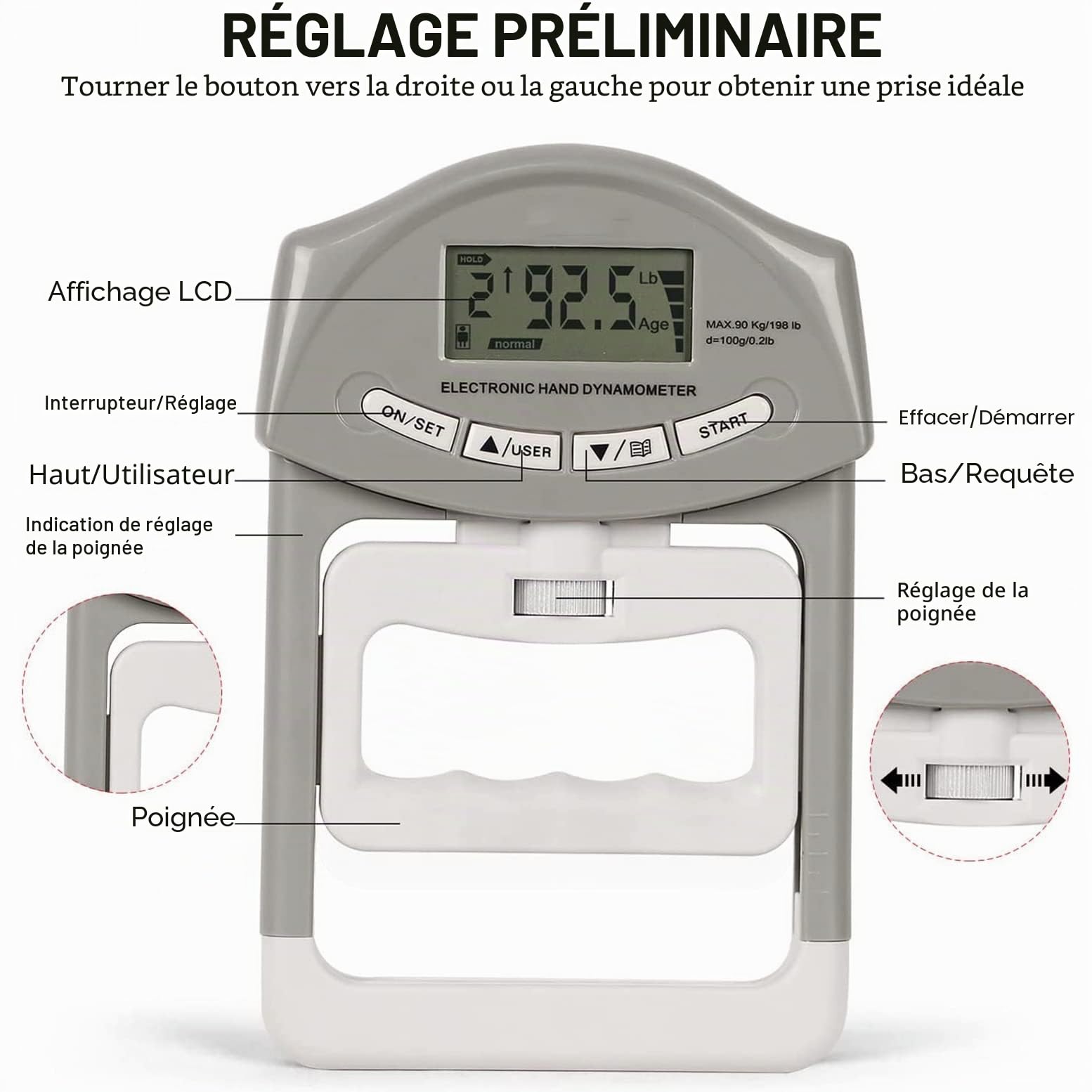 main Dynamomètre Numérique 90 kg/200 kg Capacité de la gamme main Durcisseur