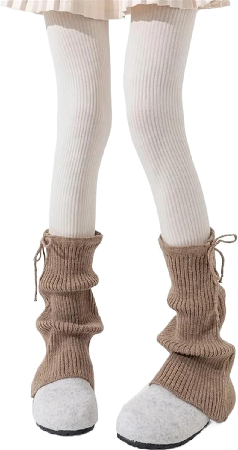 Leg Warmers 2pairs Solid Color Leg Warmers Knitted Bow Mid-Calf Sock Thickened Middle Tube Socks Women(Khaki)