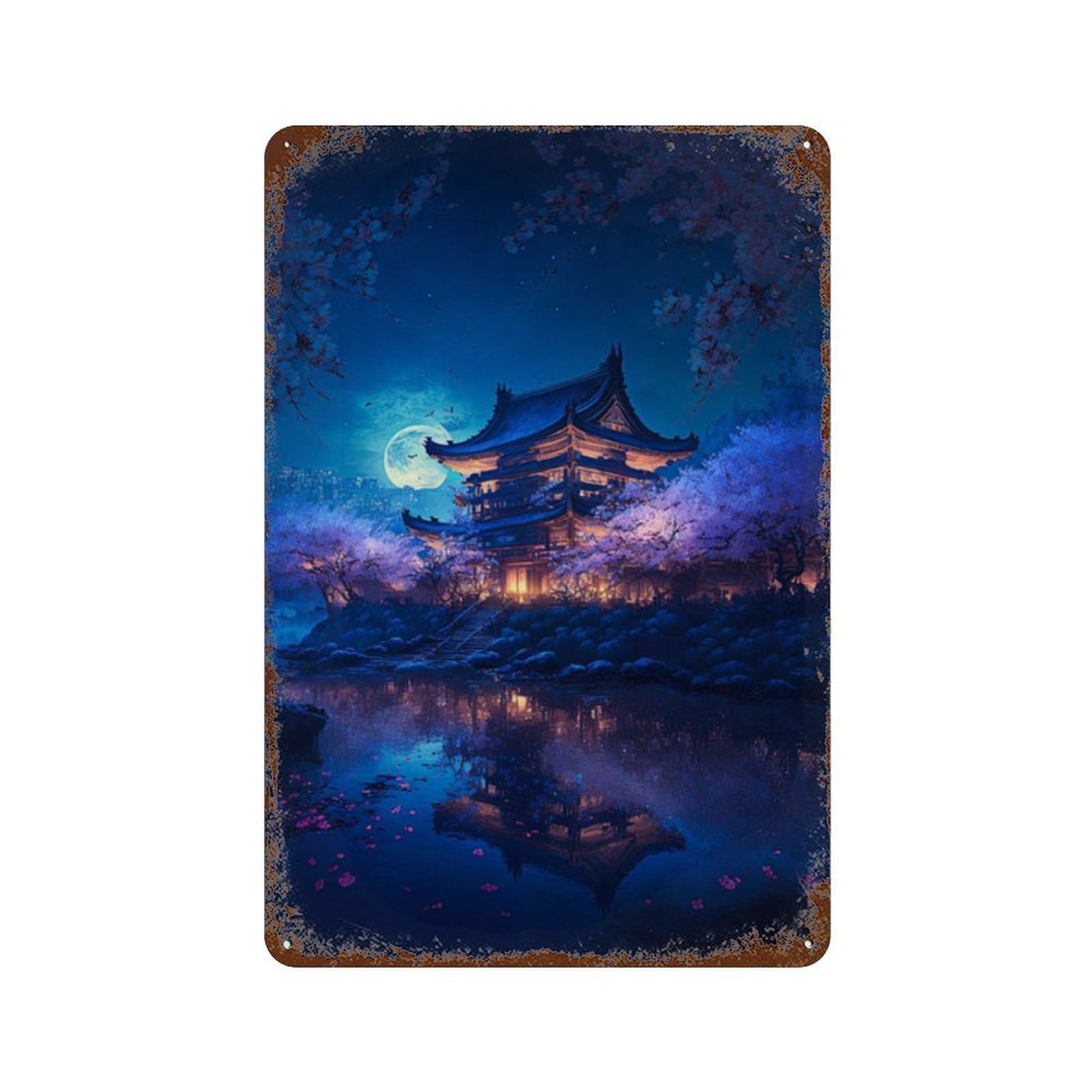 Cherry Blossom Night Reflections 11.8"x7.9" Vintage Rust Metal Sign, Novelty Wall Decor for Living Room, Hallway And Home Decor