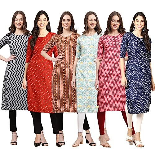 Image of Pinkmint Women's Crepe Digital Print Straight Kurta Pack of 6 [CR-336-370-344-343-328-366]
