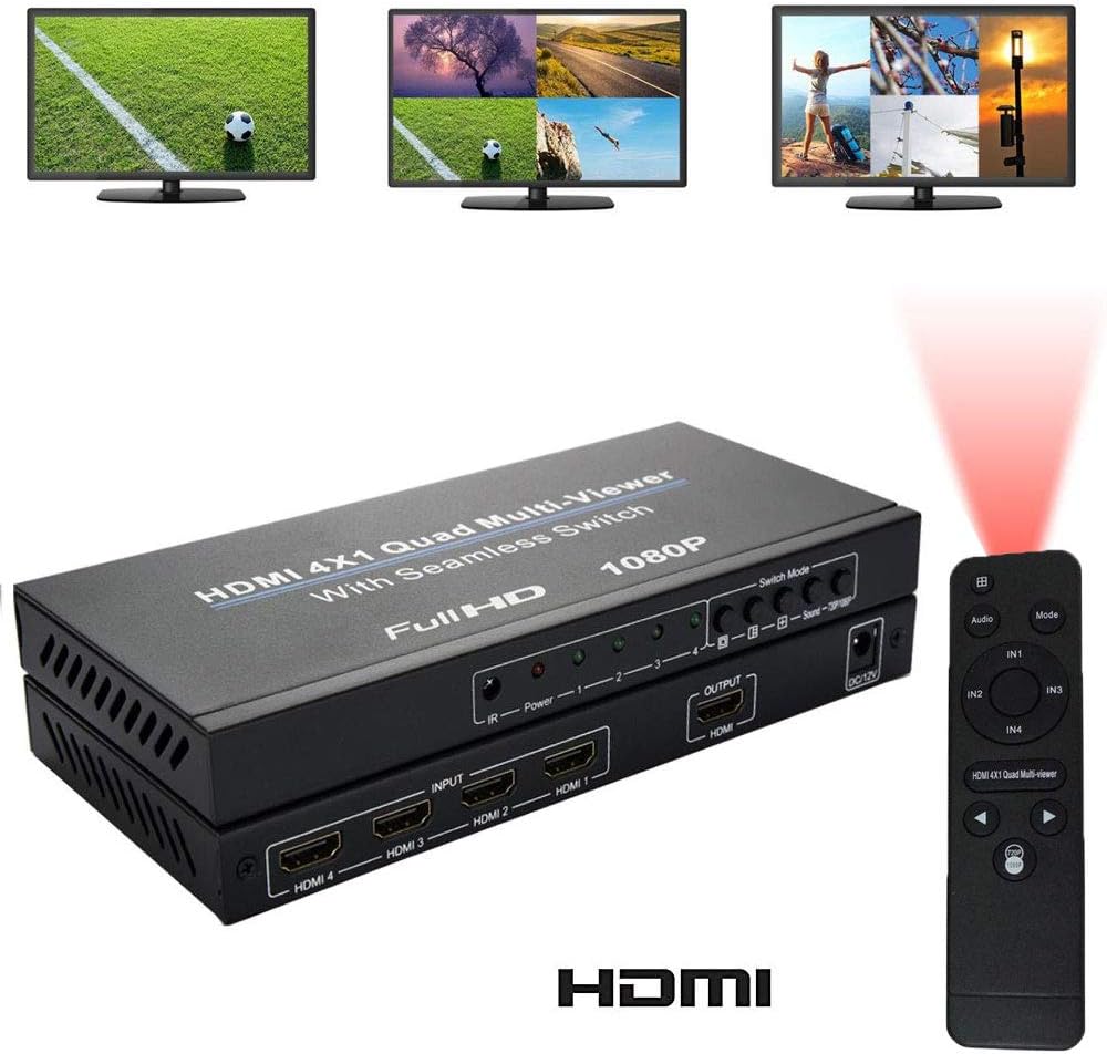 HDMI Swithcer 4X1, HDMI Splitter 4 in 1 Out 4k 60hz,HDMI Quad Multi-Viewer Switcher 4 Port with IR Remote Control,HDMI 1.3a HDCP 1.2 Support Full HD 1080P 5 Modes for PS4/PS3/PC/STB/DVD
