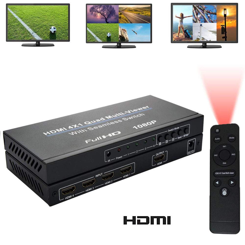 HDMI Swithcer 4X1, HDMI Splitter 4 in 1 Out 4k 60hz,HDMI Quad Multi-Viewer Switcher 4 Port with IR Remote Control,HDMI 1.3a HDCP 1.2 Support Full HD 1080P 5 Modes for PS4/PS3/PC/STB/DVD