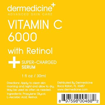 Vitamin C 6000 w/Retinol Anti-Aging Serum for Face Helps Smooth Wrinkles, Brightens Complexion Improves Texture & Tone for More Youthful Skin | 1 fl oz / 30 ml