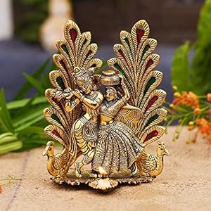 Collectible India Peacock Design Radha Krishna Idol Showpiece with Diya for Puja and Home Decor (8 x 6 Inches), Metal…