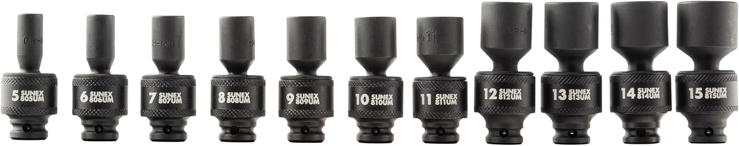 SUNEX TOOLS 1825 1/4-Inch Drive Universal Magnetic Impact Socket Set, Metric, 12-Point, Cr-Mo, 5mm - 15mm, 11-Piece