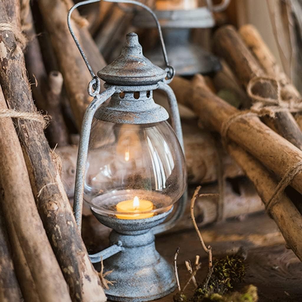 Retro Wrought Iron Candle Holder Wind Oil Lamp with Portable Handle Rustic Candelabra Outdoor Candle Stand with Stable Base