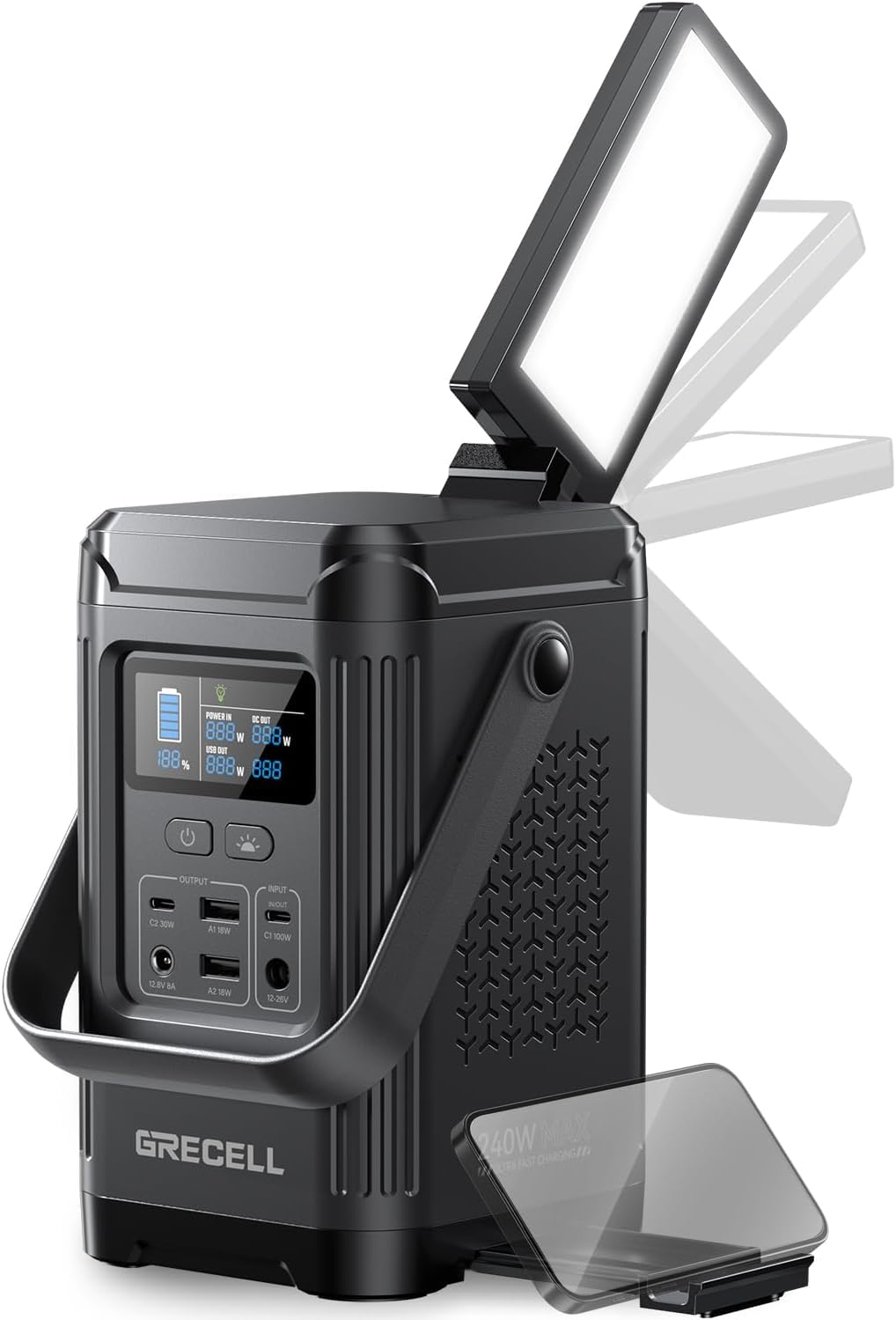GRECELL Powerstation 240W,153Wh Solareingang und Ständer | LiFePO4-Akku mit bidirektionalem 100W USB-C PD,mobile Energie für Reisen, Camping und Notstrom