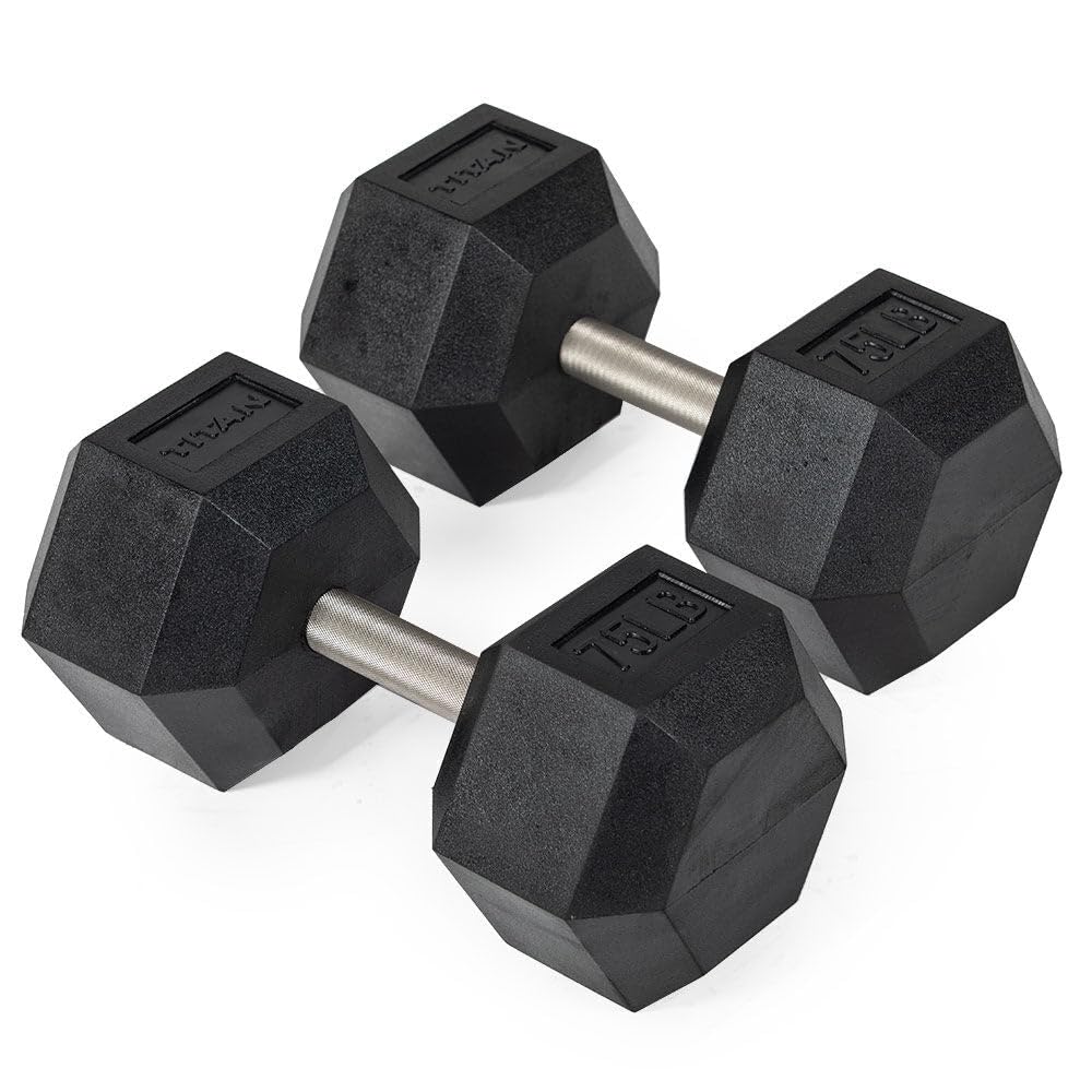 Titan Fitness 75 LB Pair Free Weights Black Rubber Coated Hex Dumbbell Straight Stainless Steel Handle Strength Training
