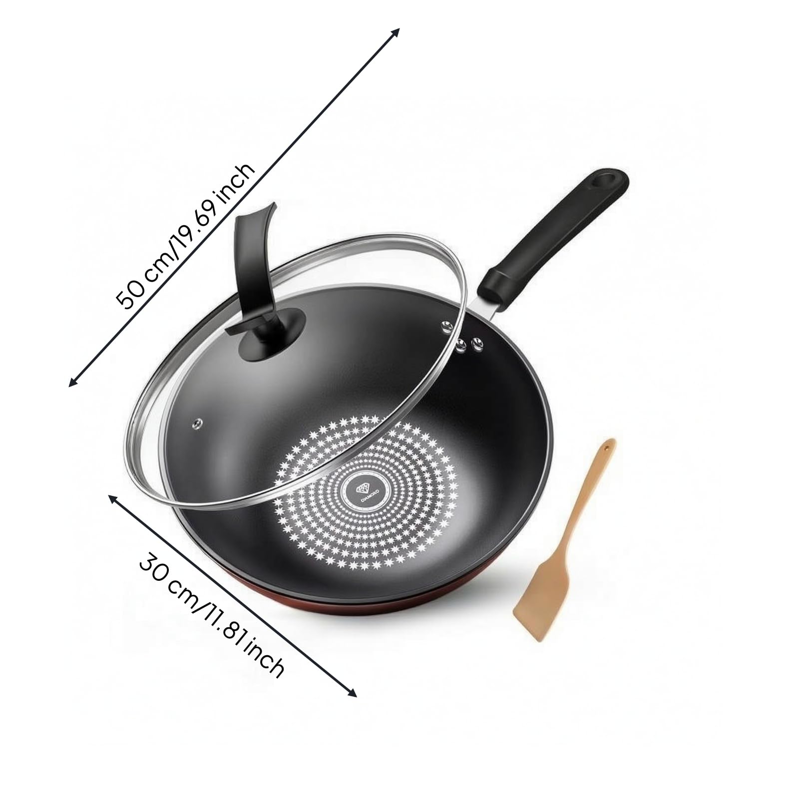Gralara Wok Antiaderente Facile da Pulire, 30 Cm, Padella Wok Antiaderente Con Coperchio In Cristallo Di Diamante 30 Cm