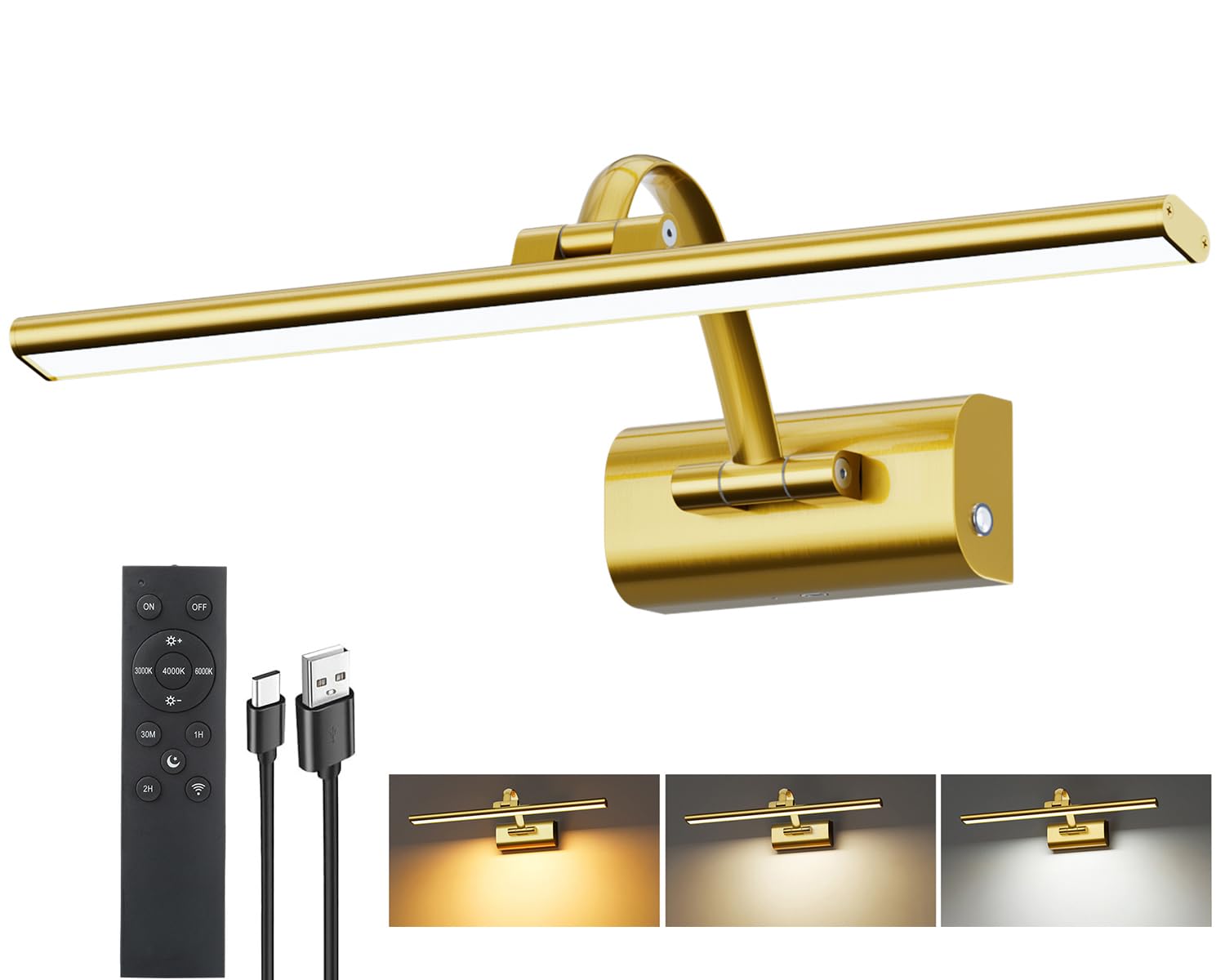 HUAEU 16" Picture Lights for Wall, 5200mAh Rechargeable Wireless Picture Light with Remote, Dimmable 3 Color Temps Battery Operated Wall Lights for Pictures Painting Dartboard Gallery, 40cm Brass