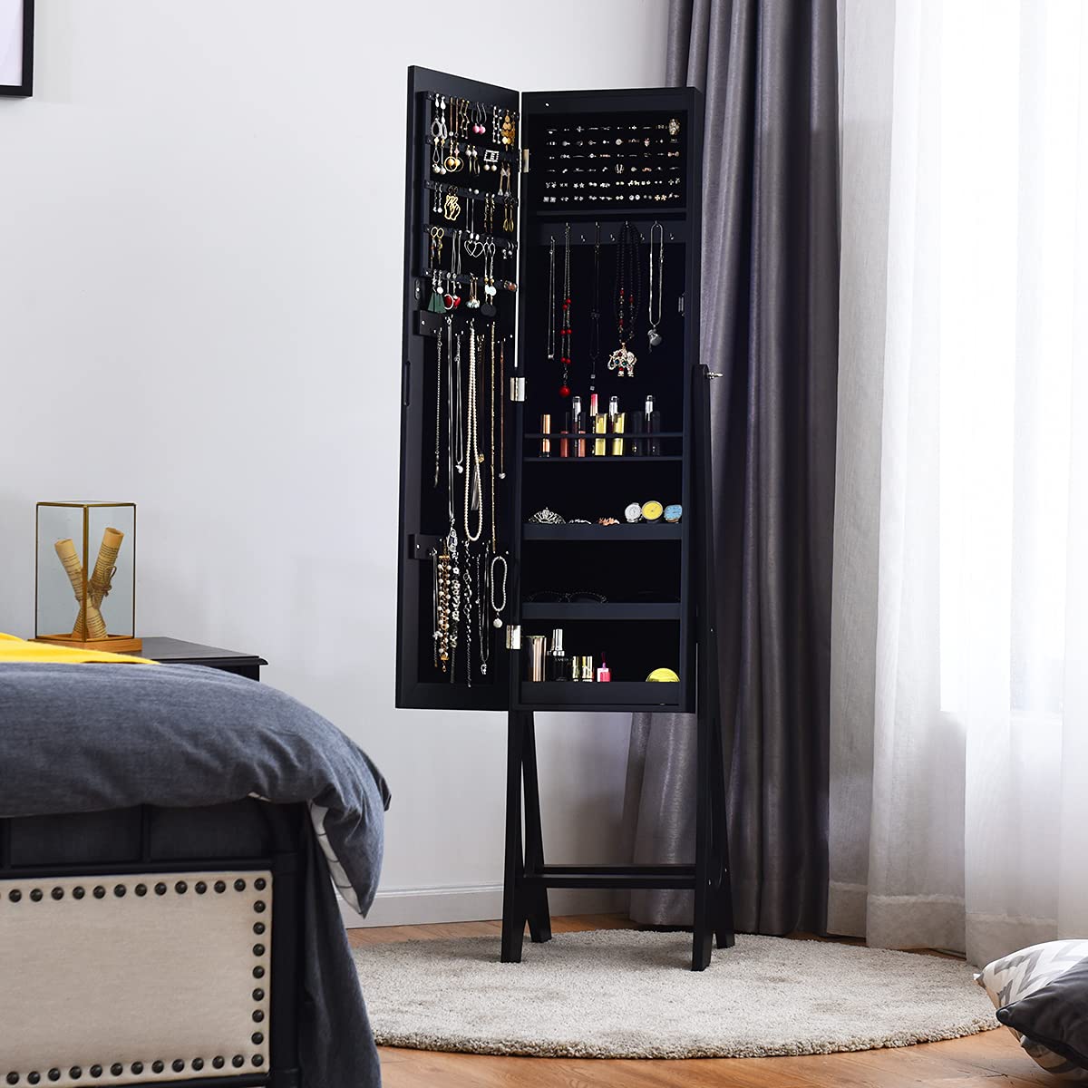 COSTWAY Schmuckschrank Standspiegel abschließbar, 2 in 1 Ganzkörperspiegel mit Schmuck Aufbewahrung, Spiegelschrank mit 12 LEDs freistehend (Schwarz)