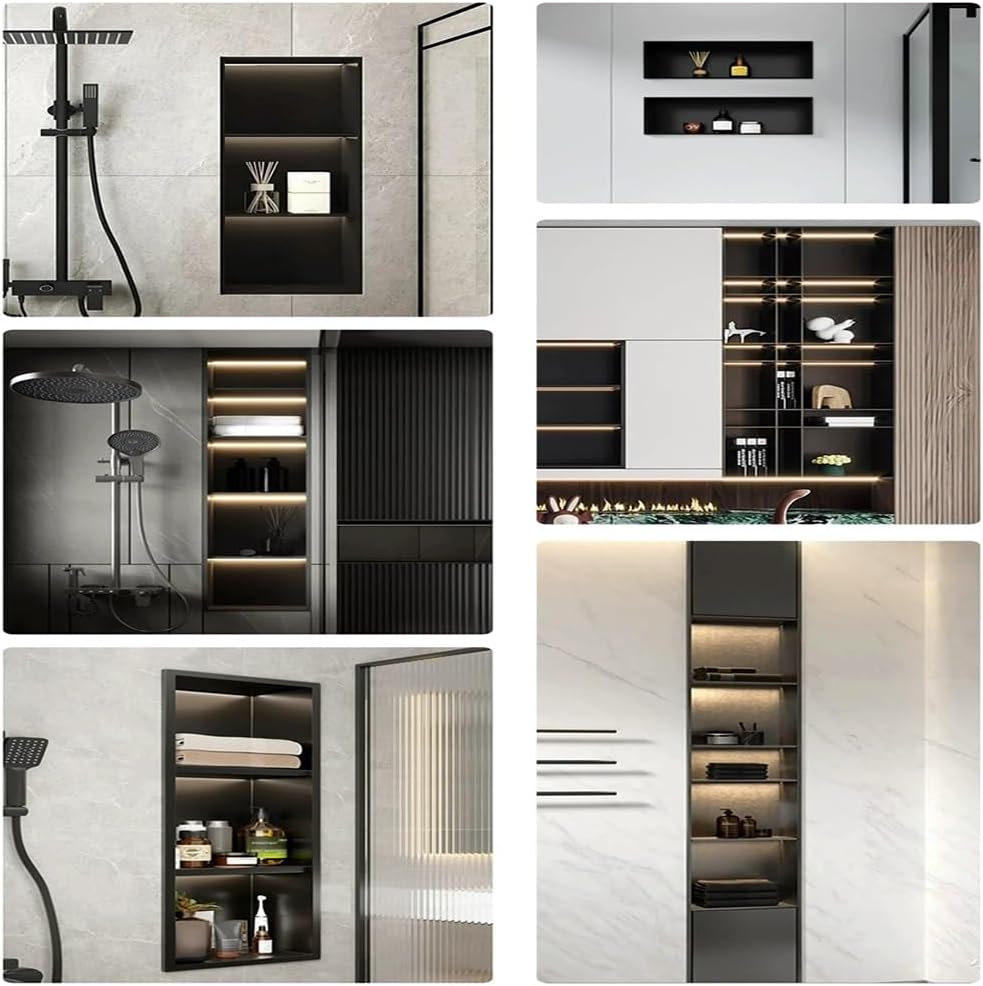 Modern, Minimalist Black Stainless Steel Shower Niche With LED Light, Embedded Shower Niche, No Tile Needed For Bathroom (70x28x12.5cm)
