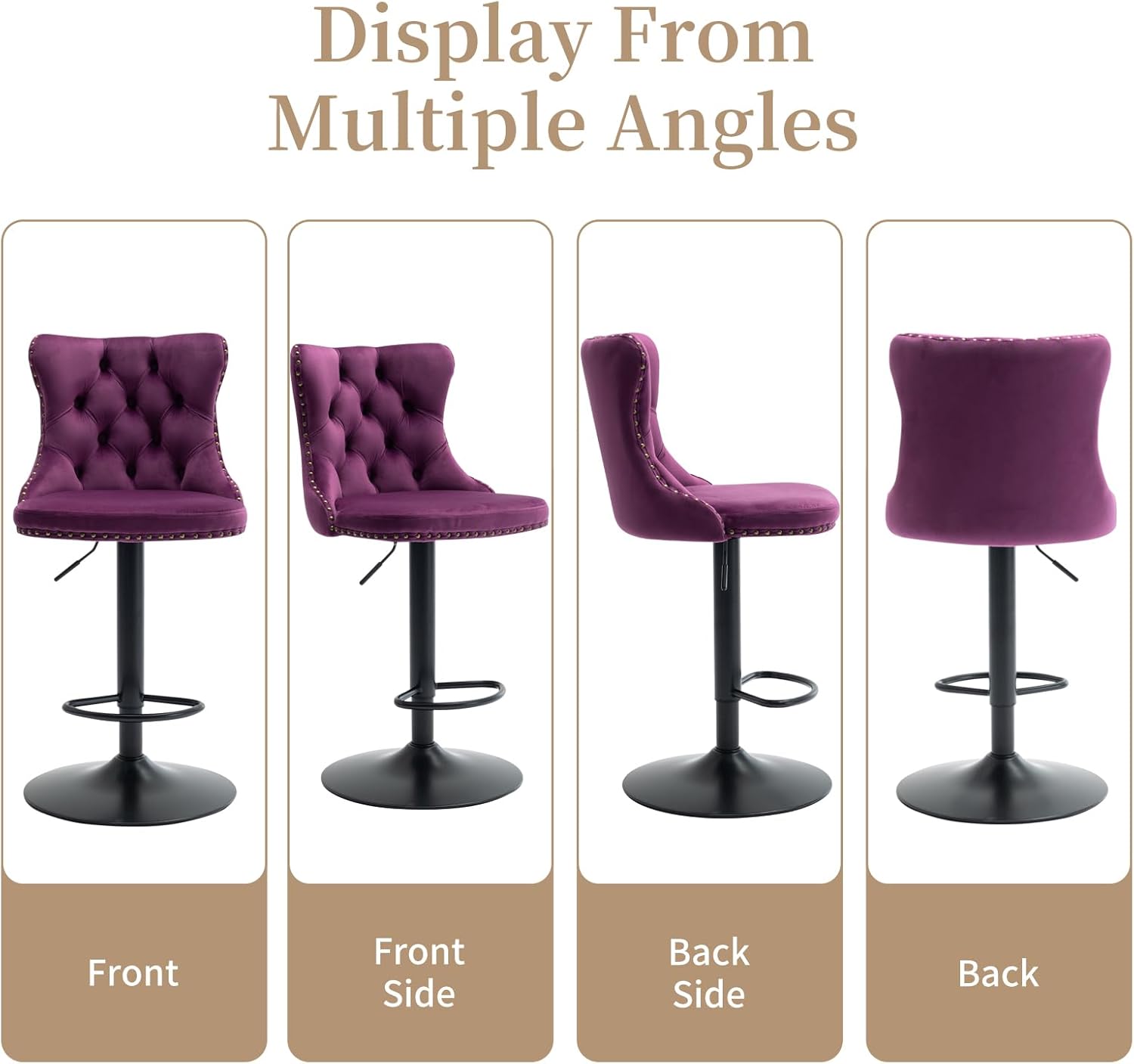 Purple Bar Stools Set of 2, Adjustable Upholstered Counter Height Barstools with Back and Black Footrest, Modern Velvet Swivel Barstools for Kitchen Counter, Purple