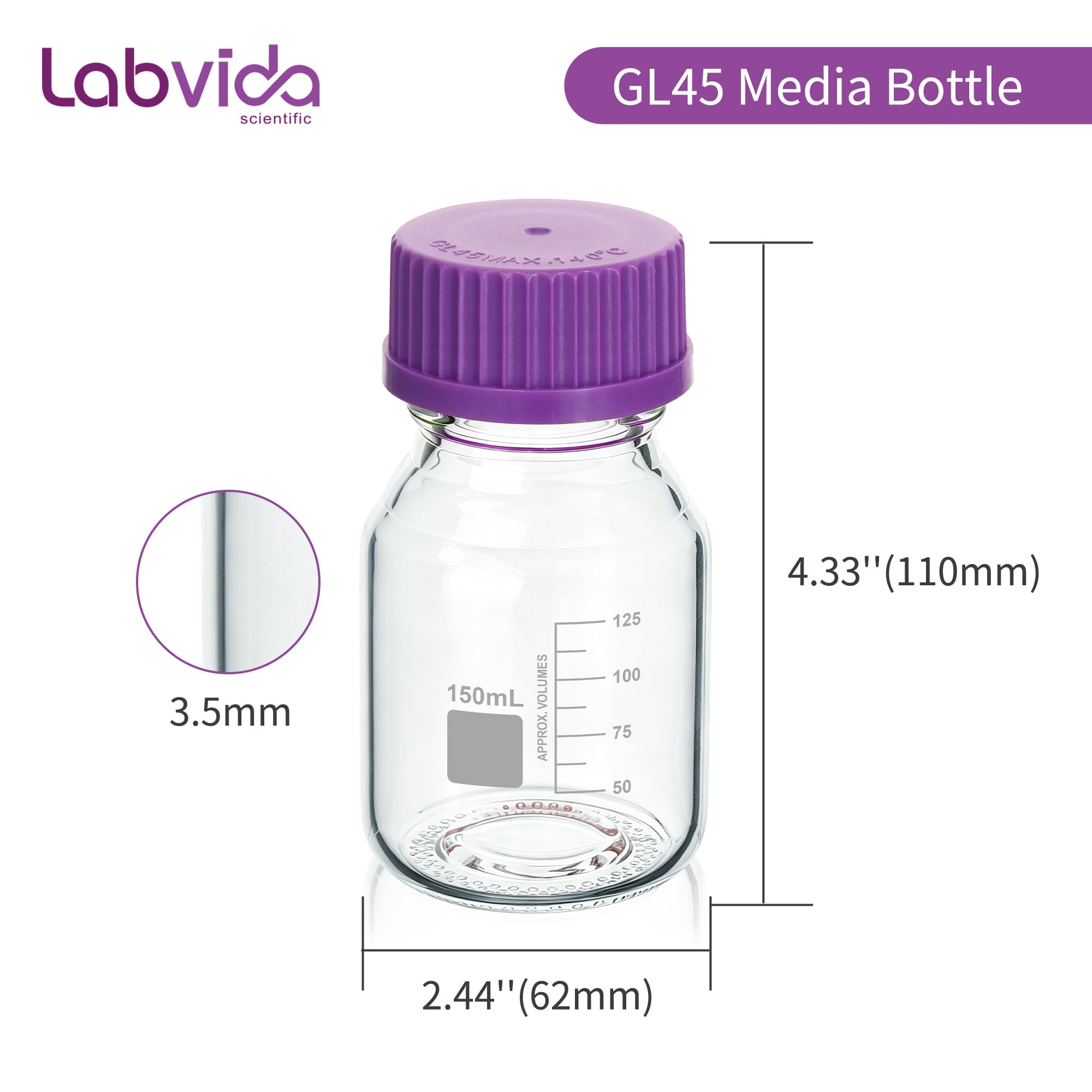 6 bottiglie rotonde da 150 ml, con tappo a vite GL45 in viola, 3,3 bottiglie di reagenti in borosilicato per laboratori, scuole e bottiglie di vetro per uso domestico, LVAD012