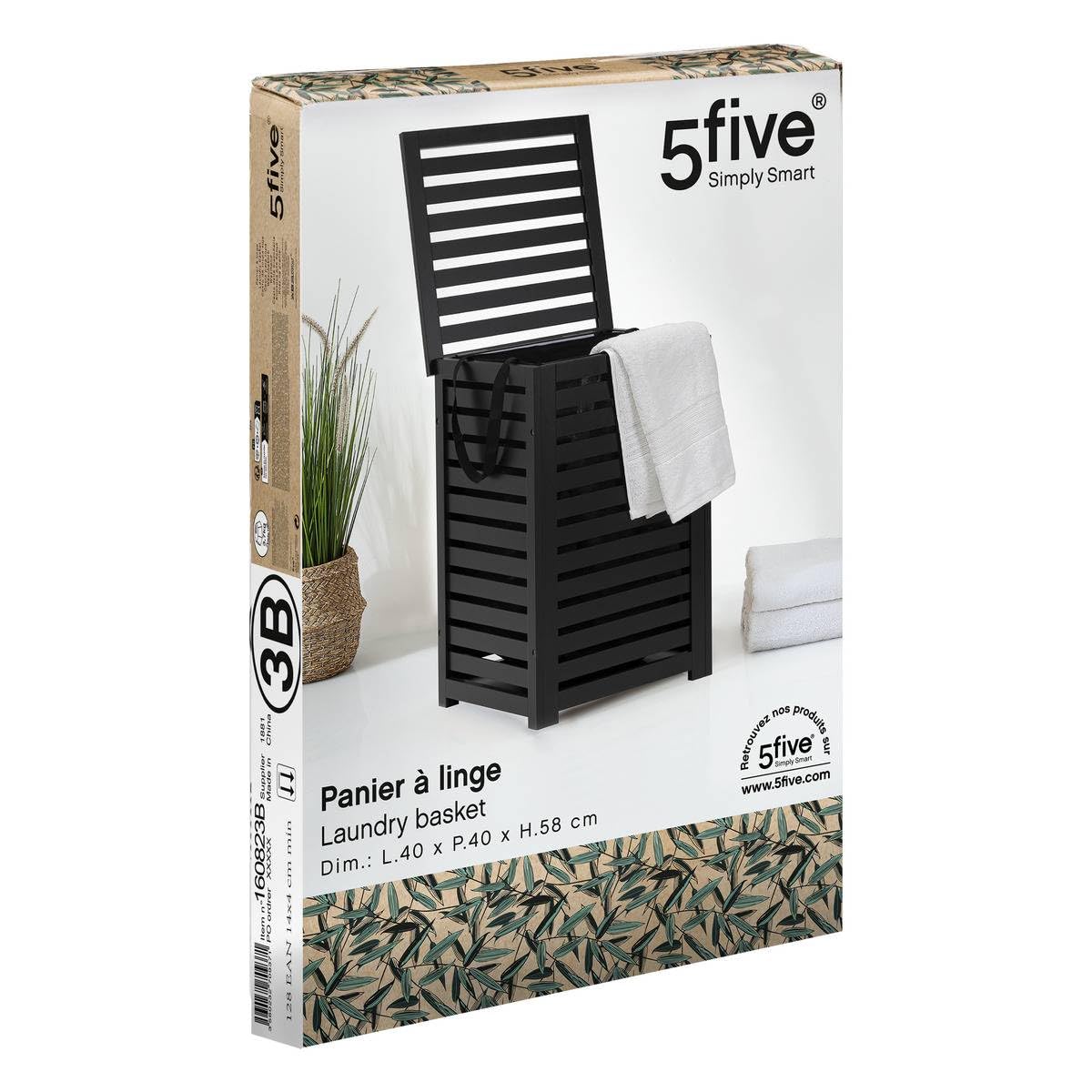 Cesto portabiancheria 65l "sicela" in bambù nero - 5 five simply smart