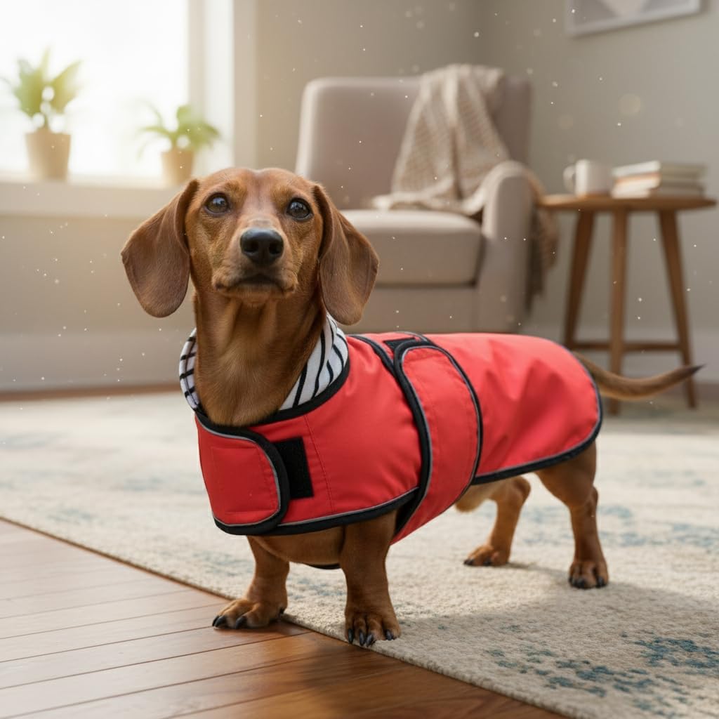 MOREZI Imperméable élégant pour Chien.imperméable/résistant à la Pluie.avec des Bandes réfléchissantes et des Bretelles réglables.Convient aux teckels-Rouge-L
