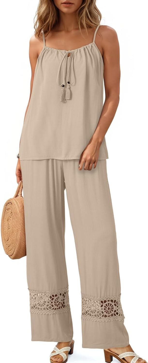 Dokotoo 2 Piece Sets for Women Summer Spaghetti Strap Tie Knot Top Lace Wide Leg Pants Set