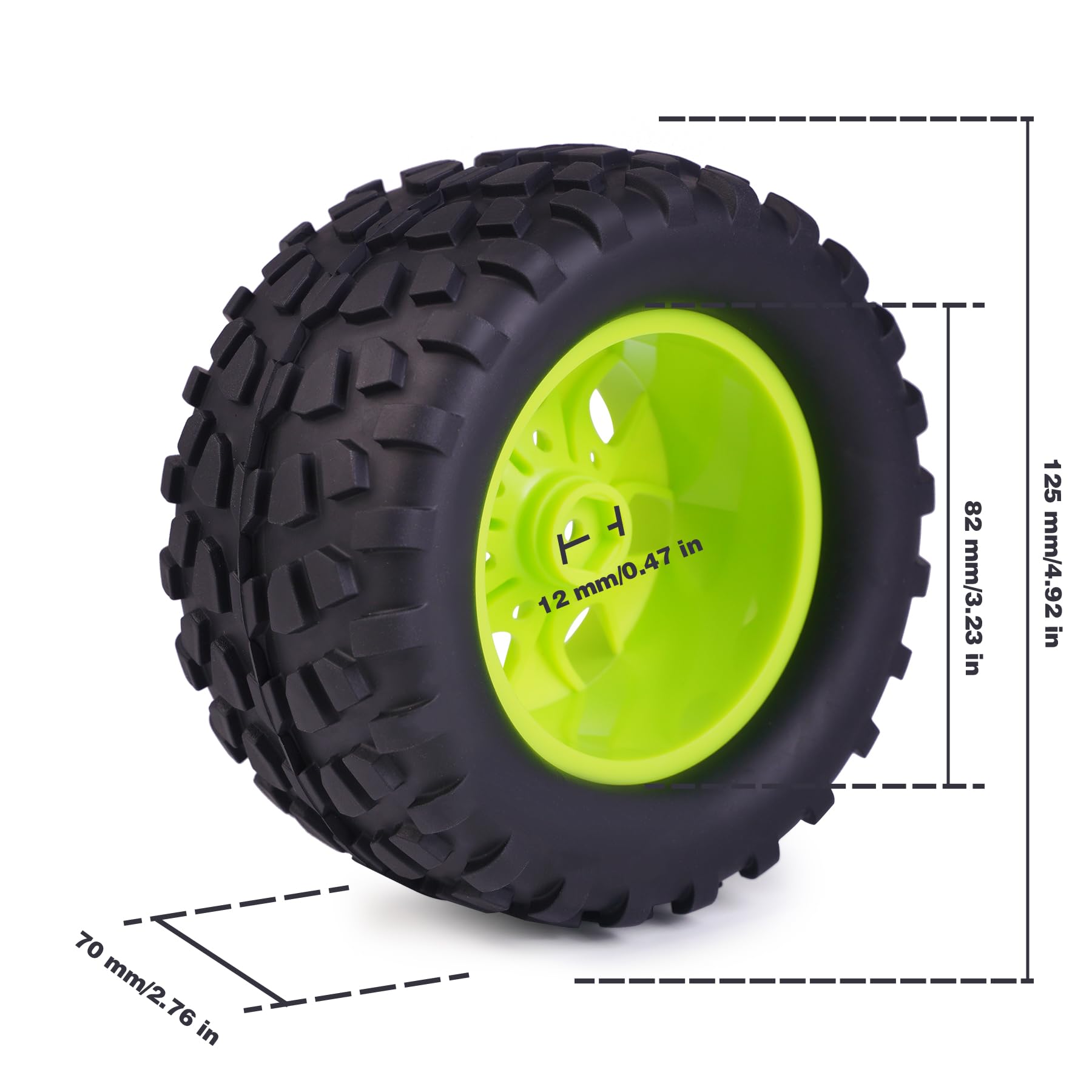 Hosim 70 * 125 mm RC Tires, All Terrain Soft Tire Mounted on 12mm Hex Wheels (Set of 4) for 1/10 RC Cars (Green Wheel hub)