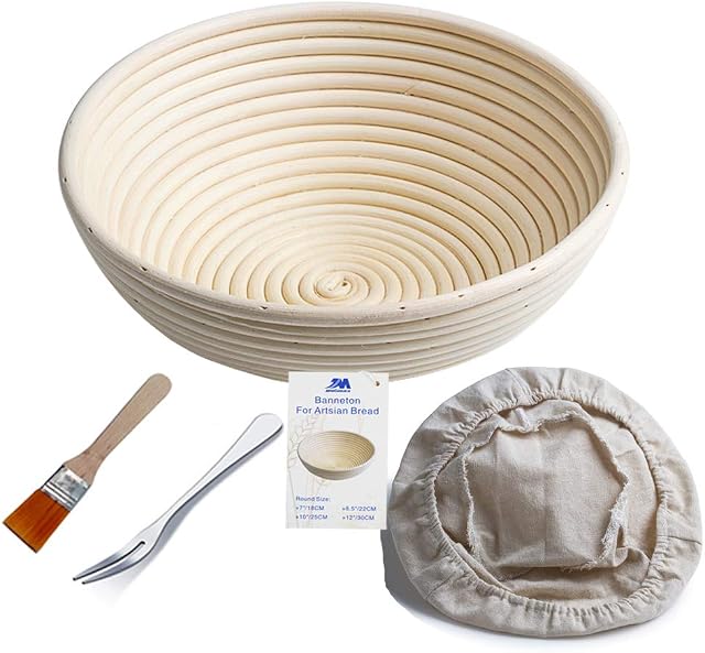 Banneton Proofing Basket 10" Round Banneton Brotform for Bread and Dough [Free Brush] Proofing Rising Rattan Bowl(1000g Dough) + Free Liner + Free Bread Fork