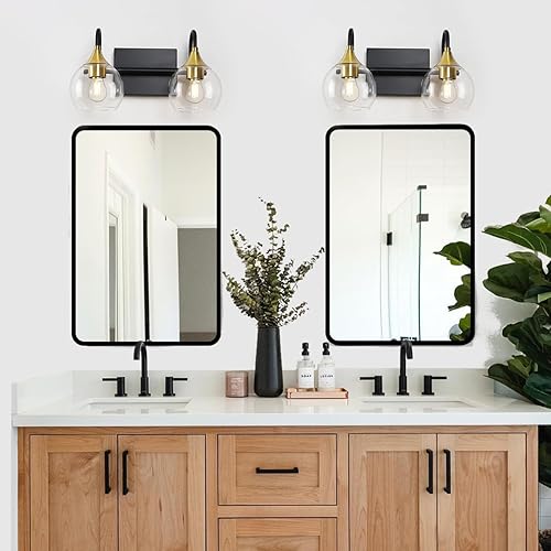 Miniatura 3 de Lámparas de baño de oro negro, 2 luces de tocador de baño sobre el espejo, lámpara de tocador moderna de mediados de siglo, globo dorado cepillado,