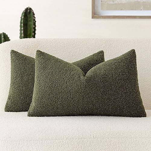 Image of Foindtower Pack of 2, Curly Faux Fur Decorative Throw Pillow Covers Soft Plush Cushion Case with Zipper Cozy Boho Lumbar Pillowcase for Home Living Room Couch Bed Sofa 12 x 20 Inch, Moss Green