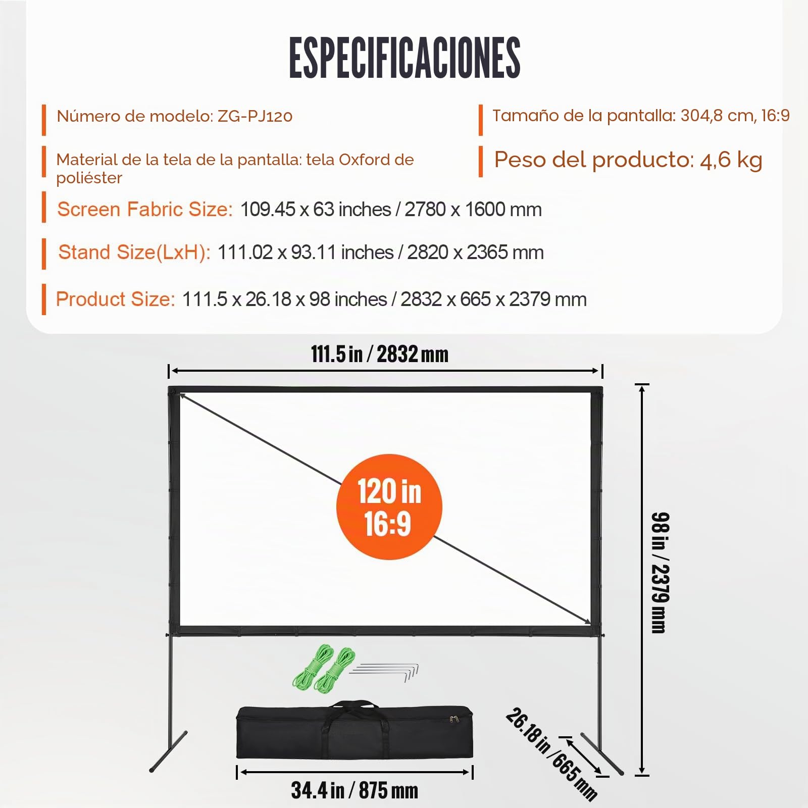 VEVOR Pantalla de Proyector de Pie 120" 16:9 HD Pantalla de Proyección Portátil de Doble Cara Antiarrugas Amplio Ángulo de Visión con Bolsa de Almacenamiento para Proyector de Vídeo de Cine en Casa