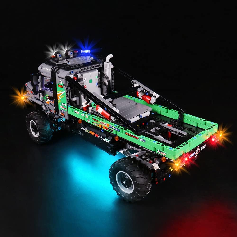 Nyuma 3/4 view of LEGO Technic 42129 Mercedes-Benz Zetros Trial Truck with VONADO LED lights illuminated