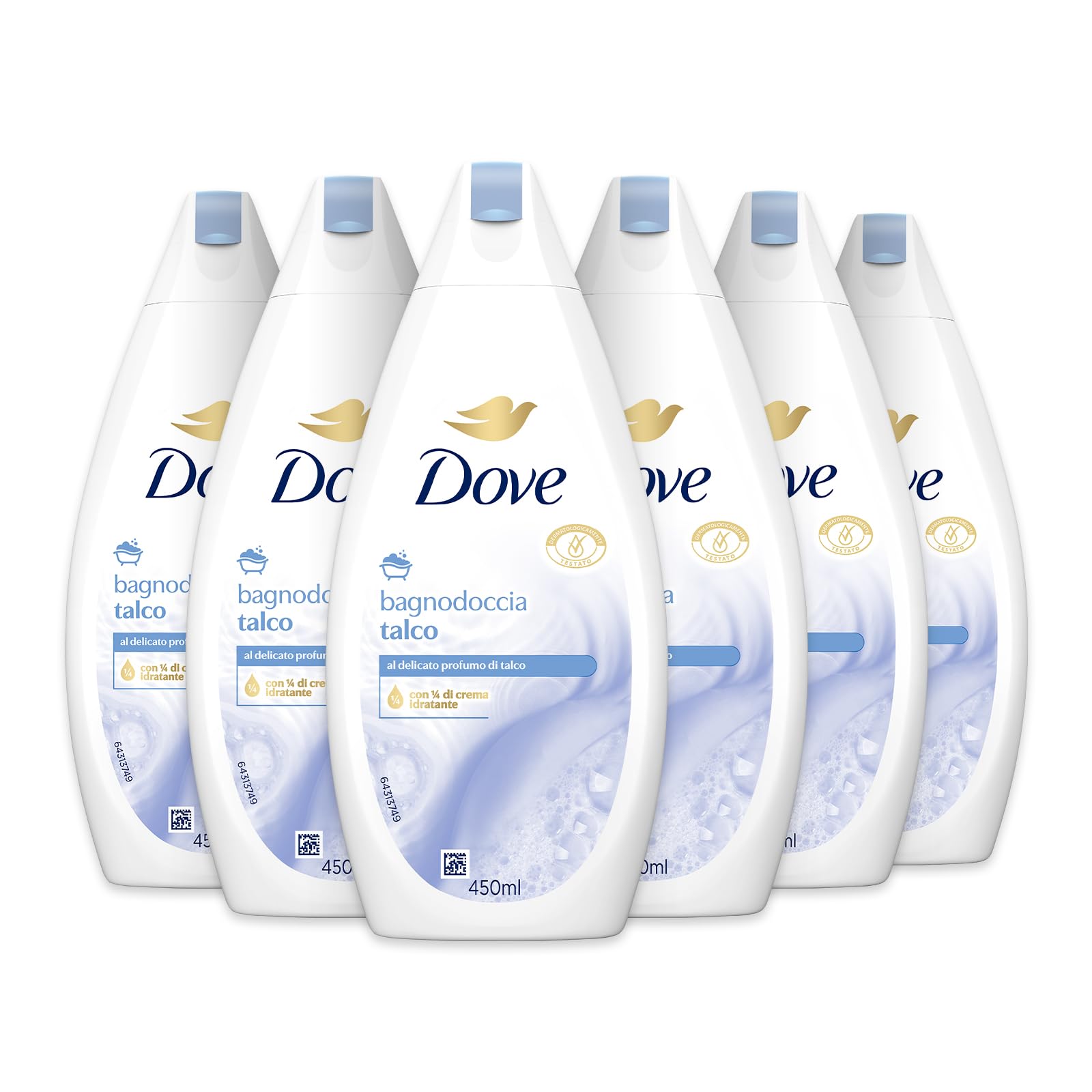 Dove Talco Duschgel, Formel mit feuchtigkeitsspendender Dermo-Natur, mit 1/4 Feuchtigkeitscreme, dermatologisch getestet, Duschgel für Damen und Herren, 100% recycelte Flasche* 6 Stück x 450 ml