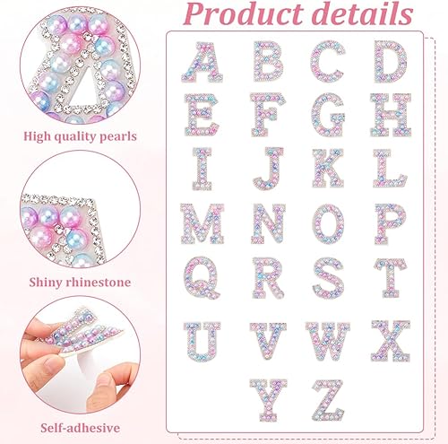 Miniatura 3 de 52 parches de perlas de letras, 2 juegos de parches autoadhesivos brillantes de imitación morados con diamantes de imitación del alfabeto de la A a
