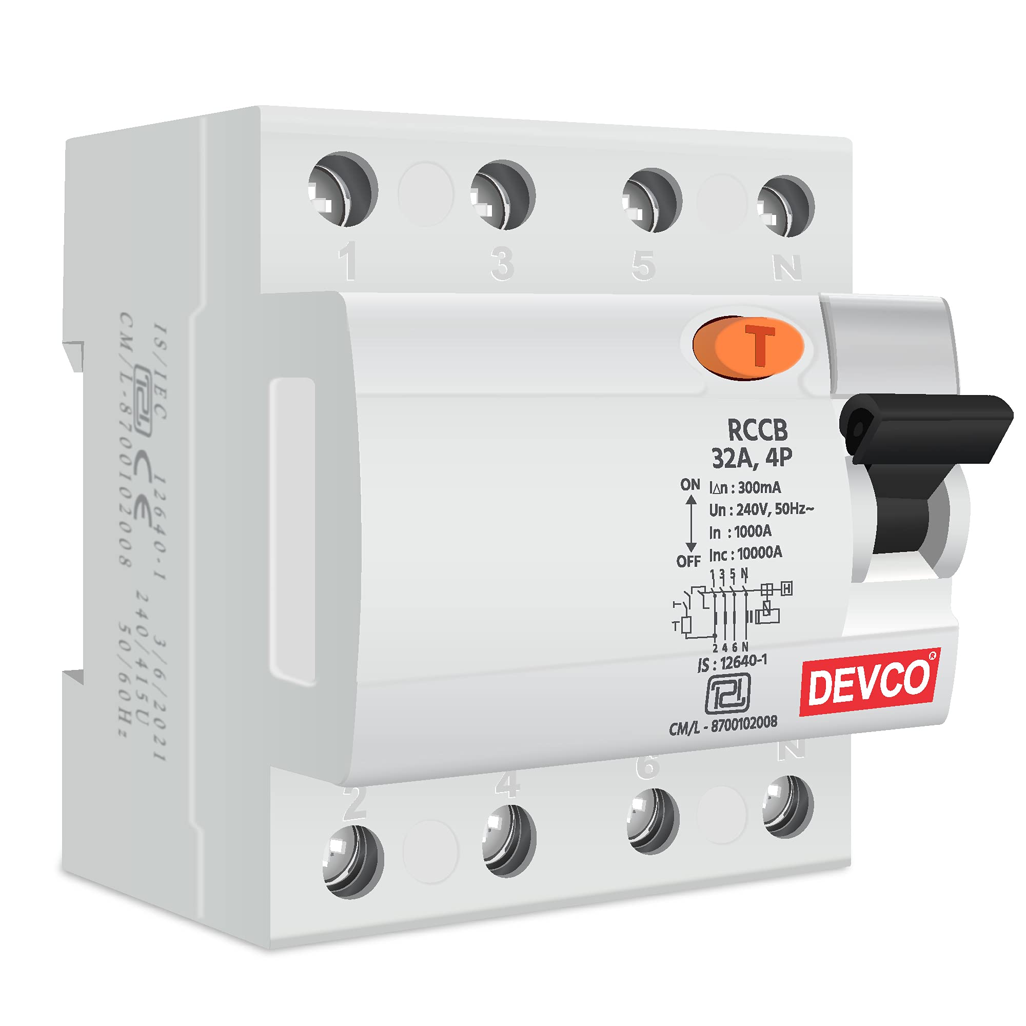 DEVCO RCCB 4 Pole 32 AMP/300mA 240 V Residual Current Circuit Breaker ISI Mark MCB (White)
