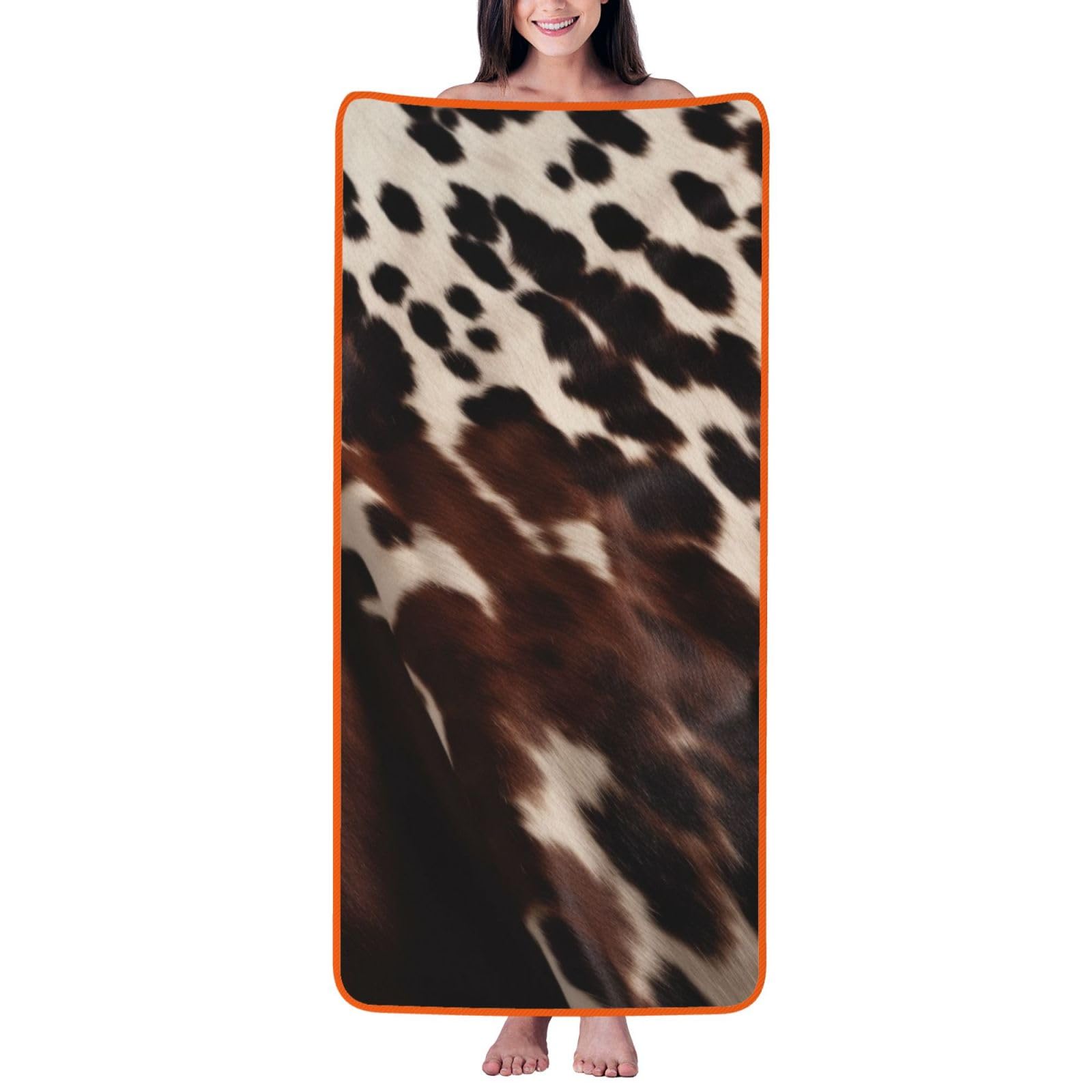WPKJU Brown Cowhide Printed Bath Towel with Orange Edging - 27x55 in Soft Extra Absorbent Coral Velvet Shower Towels for Bathroom