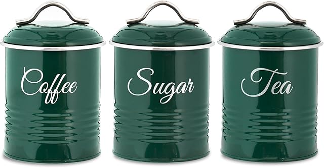 Innoteck Essentials Tea, Coffee, Sugar, Canister Set - Decorative Kitchen Food Storage - Easy to Open Airtight Lids - Storage Tin for Your Favorite Tea, Sugar, and Coffee - Set of 3 Canisters Green